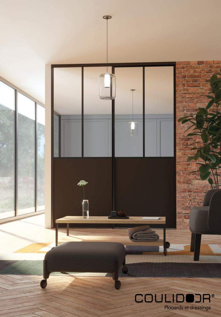 Portes de placard   coulissant, Strass atelier noir mat, modèle Duo Coulissant, décor noir et miroir
